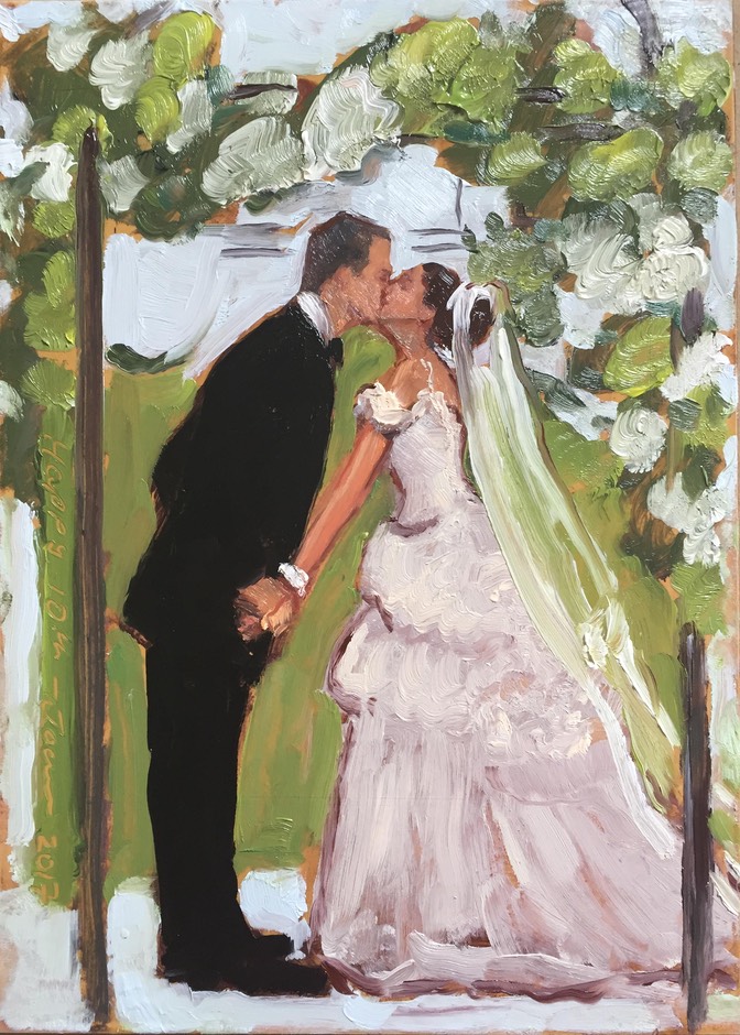 Bride and Groom's first kiss captured in an original oil painting by The Event Painter, Joan Zylkin.  