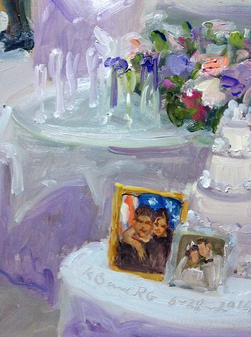 Bride as a little girl with her dad, a fireman who was killed in 911, wedding painting by Joan Zylkin The Event Painter.