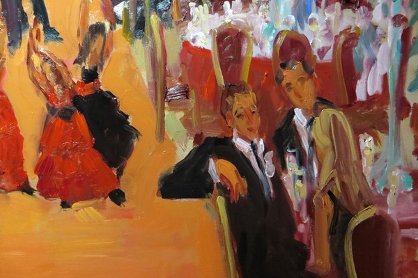 detail from CASINO Wedding Painting: Best Man - shows brushwork of Joan Zylkin The Event Painter