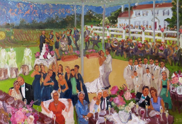 live wedding painting on a picture perfect farm in DE by Joan Zylkin The Event Painter.