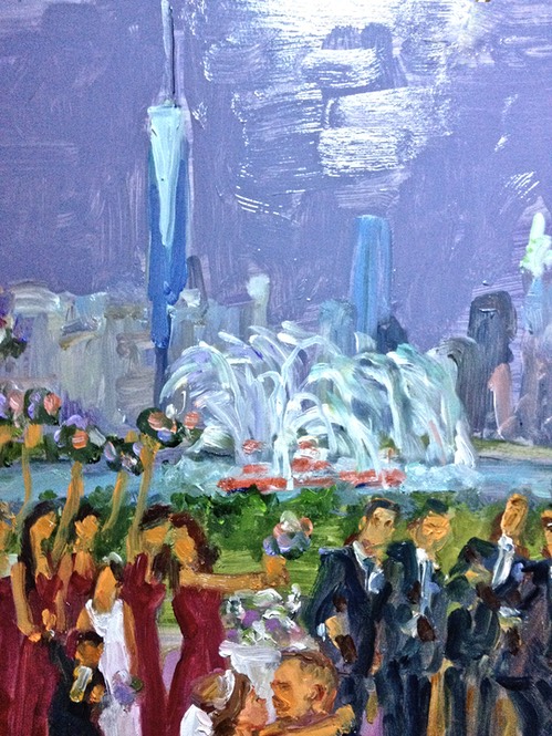 fireboat salutes wedding of 911 fireman’s daughter at Freedom Tower painted live by Joan Zylkin The Event Painter