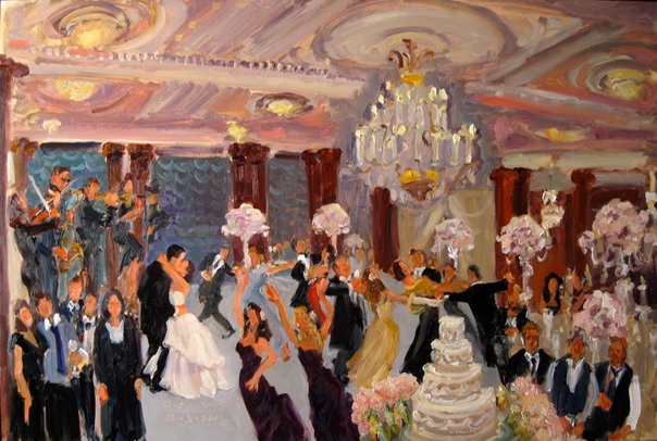 wedding at Crystal Tea Room, painting by live event artist Joan Zylkin