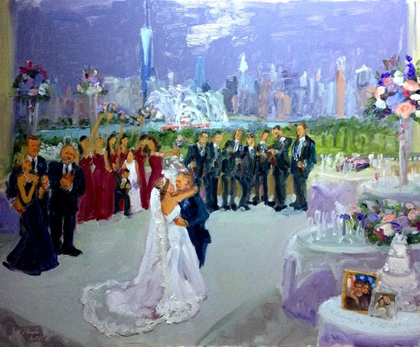fireboat salutes wedding of 911 fireman’s daughter at Freedom Tower painted live by Joan Zylkin The Event Painter at Liberty House NJ.