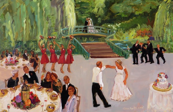 Monet Gardens setting for wedding painting in Ambler PA by Joan Zylkin The Event Painter.