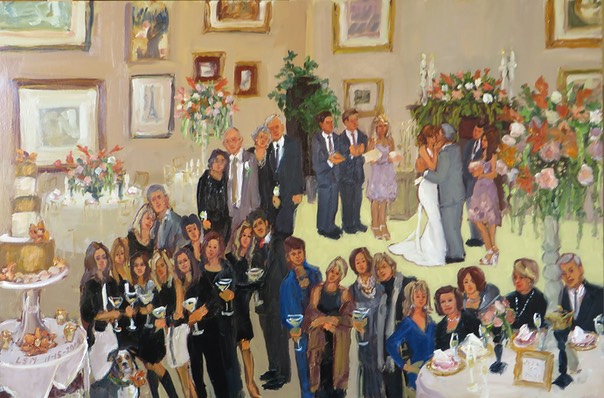 Wedding  gift from a group of friends - a live event painting of the Wedding, by Joan Zylkin The Event Painter.