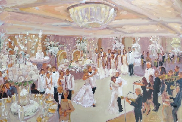 live-event artist, Painting a wedding with my Jimmy Choo Bride ... and pooch at the Sweetheart Table (click to see image enlarged)