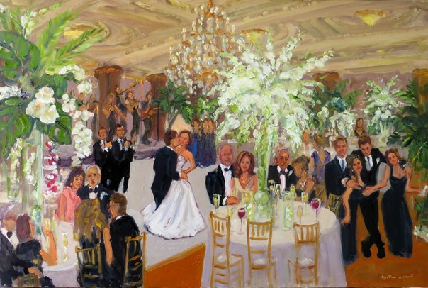 Painting live at a wedding in Philadelphia at the Crystal Tea Room with orchids and elephant palms by Joan Zylkin The Event Painter.