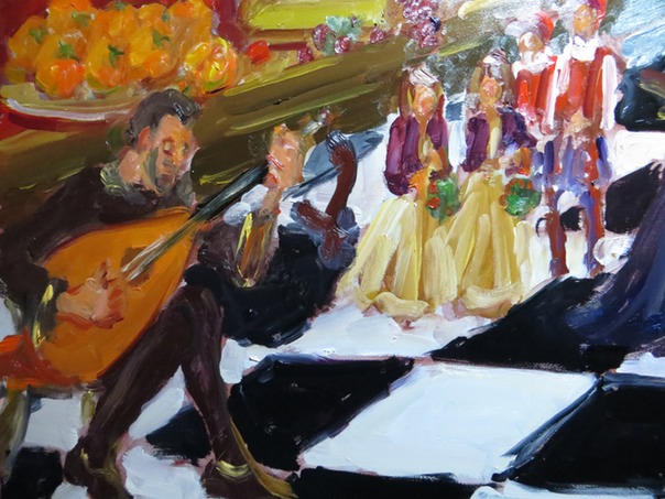 live painting at renaissance wedding close up showing lutist and children.
