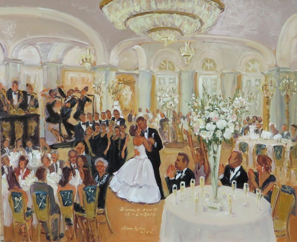 Weddings at the Ritz Carlton, live event painting by Joan Zylkin The Event Painter, December wedding.