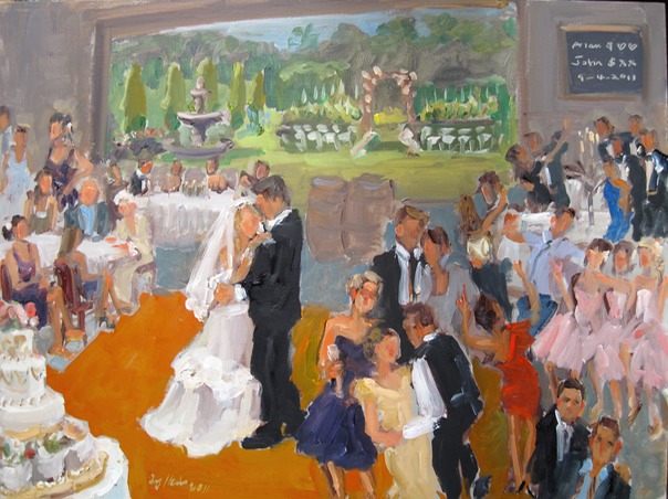 live wedding painting NJ at Wedding at Valenzano Winery NJ, by Joan Zylkin The Event Painter.