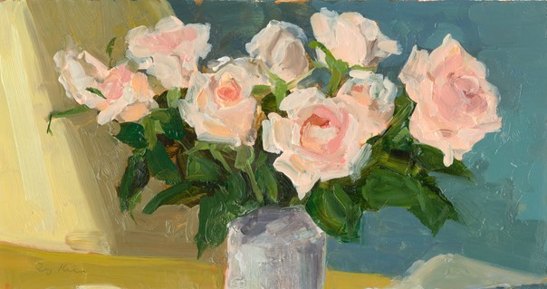 Still Life oil painting, roses, pinks, teal, pale ochre, flowers, painterly, strong brush strokes, by Joan Zylkin The Event Painter