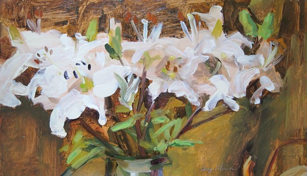 Still Life oil painting, flowers, white lilies, umbers, greens, painterly, strong brush strokes, by Joan Zylkin The Event Painter