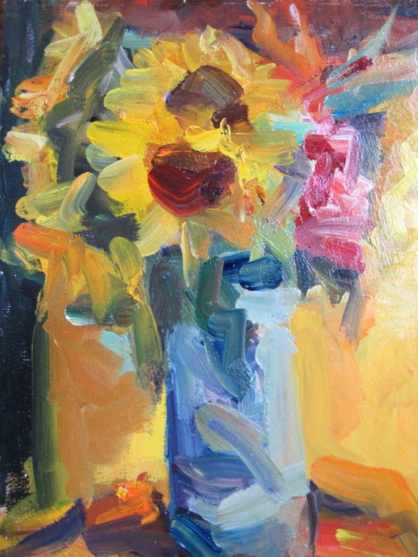 Still Life oil painting, sunflowers, yellows, blues, pnks greens, painterly, strong brush strokes, by Joan Zylkin The Event Painter